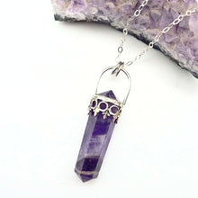 Load image into Gallery viewer, Amethyst Obelisk Pendant, Crown Bezel, Hexagon, Purple Stone, Gemstone Point