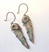 Load image into Gallery viewer, Seafarer Earrings, Chrysocolla and Native Copper in Chalcedony with Sterling Silver Ammonites