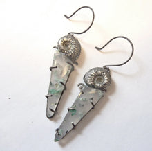 Load image into Gallery viewer, Seafarer Earrings, Chrysocolla and Native Copper in Chalcedony with Sterling Silver Ammonites
