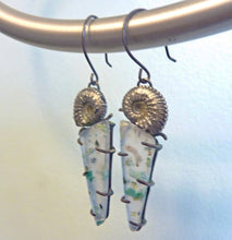 Load image into Gallery viewer, Seafarer Earrings, Chrysocolla and Native Copper in Chalcedony with Sterling Silver Ammonites