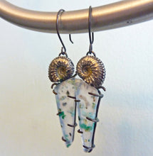 Load image into Gallery viewer, Seafarer Earrings, Chrysocolla and Native Copper in Chalcedony with Sterling Silver Ammonites