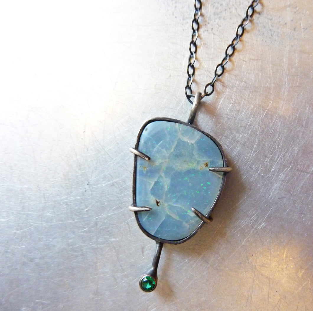 Green Glitter Necklace, Australian Opal with Emerald Cubic Zirconia Pendant