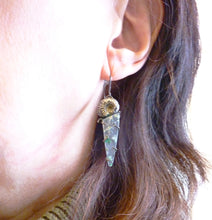 Load image into Gallery viewer, Seafarer Earrings, Chrysocolla and Native Copper in Chalcedony with Sterling Silver Ammonites