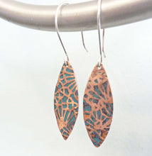 Load image into Gallery viewer, Midori Leaf Earrings, Copper Enamel Earrings, Champlevé Glass