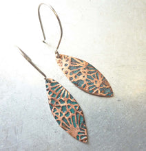 Load image into Gallery viewer, Midori Leaf Earrings, Copper Enamel Earrings, Champlevé Glass