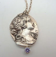 Load image into Gallery viewer, Cameo Pendant, Fine Silver with Tube-Set Tanzanite Hemstone