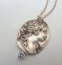Load image into Gallery viewer, Cameo Pendant, Fine Silver with Tube-Set Tanzanite Hemstone
