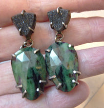 Load image into Gallery viewer, Emerald City Earrings, Green Sapphire and Black Druzy Agate