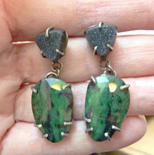 Load image into Gallery viewer, Emerald City Earrings, Green Sapphire and Black Druzy Agate