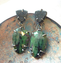 Load image into Gallery viewer, Emerald City Earrings, Green Sapphire and Black Druzy Agate