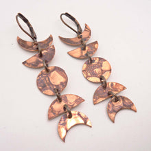 Load image into Gallery viewer, Moon Phase Vintage Copper Earrings, Celestial Earrings, Hand-Cut Copper, Textured Metal