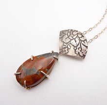 Load image into Gallery viewer, Peanut Obsidian and Etched Silver Floral Poppy Pendant