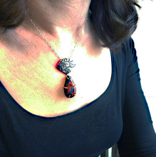 Load image into Gallery viewer, Peanut Obsidian and Etched Silver Floral Poppy Pendant