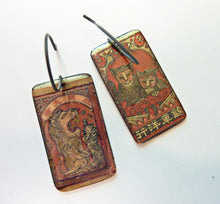 Load image into Gallery viewer, Feline Enamel Earrings, Vintage Japanese Matchbook Cat Art Earrings