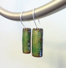 Load image into Gallery viewer, Green Snakeskin Column Earrings, Enamel on Copper