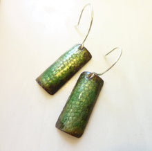 Load image into Gallery viewer, Green Snakeskin Column Earrings, Enamel on Copper
