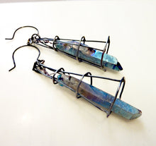 Load image into Gallery viewer, Caged Blue Titanium Quartz Crystal Point Earrings