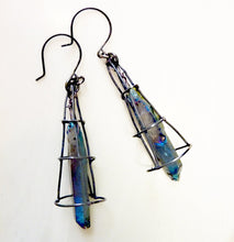 Load image into Gallery viewer, Caged Blue Titanium Quartz Crystal Point Earrings