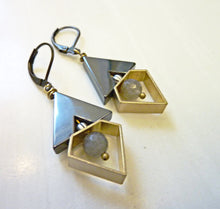 Load image into Gallery viewer, Deco Diamond Earrings, Hematite Arrow and Brass Earrings