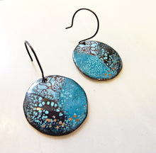 Load image into Gallery viewer, Triplex Black and Blue Floral Enamel Earrings,OOAK