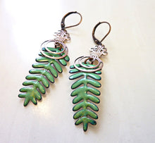 Load image into Gallery viewer, Enamel Leaf Earrings, Evergreen Tree Earrings, Vintage Copper