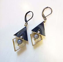 Load image into Gallery viewer, Deco Diamond Earrings, Hematite Arrow and Brass Earrings