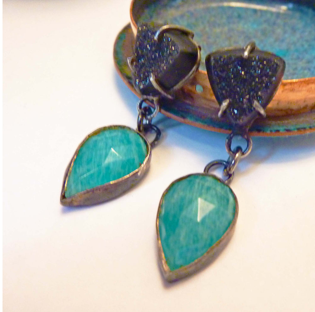 Amazonite Teardrop and Druzy Triangle Post Earrings