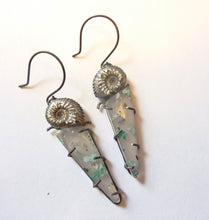 Load image into Gallery viewer, Seafarer Earrings, Chrysocolla and Native Copper in Chalcedony with Sterling Silver Ammonites
