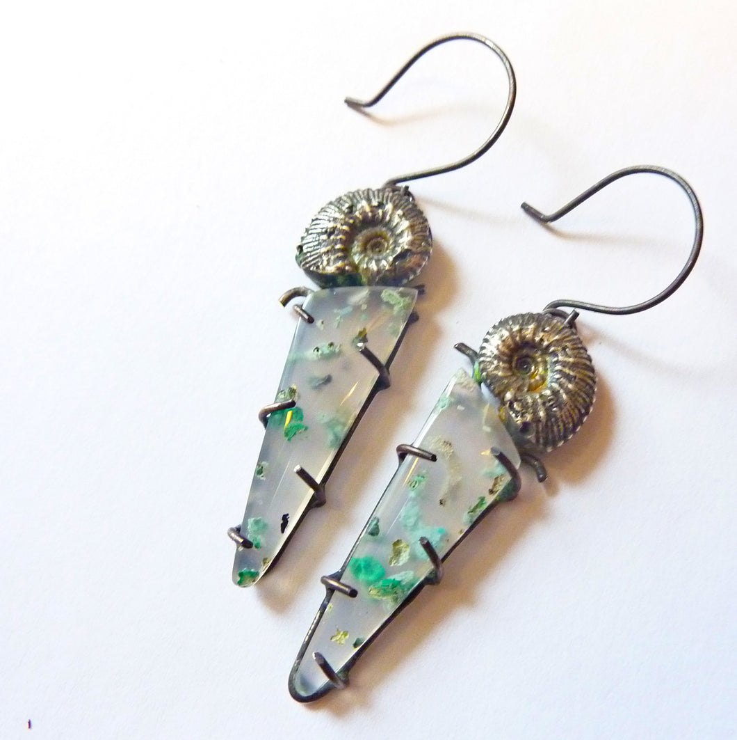 Seafarer Earrings, Chrysocolla and Native Copper in Chalcedony with Sterling Silver Ammonites