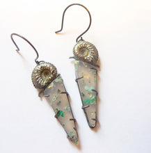 Load image into Gallery viewer, Seafarer Earrings, Chrysocolla and Native Copper in Chalcedony with Sterling Silver Ammonites
