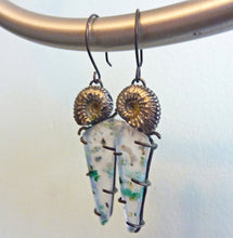 Load image into Gallery viewer, Seafarer Earrings, Chrysocolla and Native Copper in Chalcedony with Sterling Silver Ammonites
