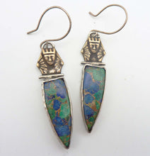 Load image into Gallery viewer, Pharaoh&#39;s Spear Earrings, Vintage Brass and Azurite-Malachite
