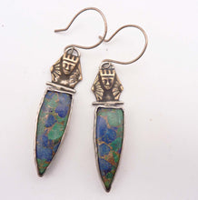 Load image into Gallery viewer, Pharaoh&#39;s Spear Earrings, Vintage Brass and Azurite-Malachite
