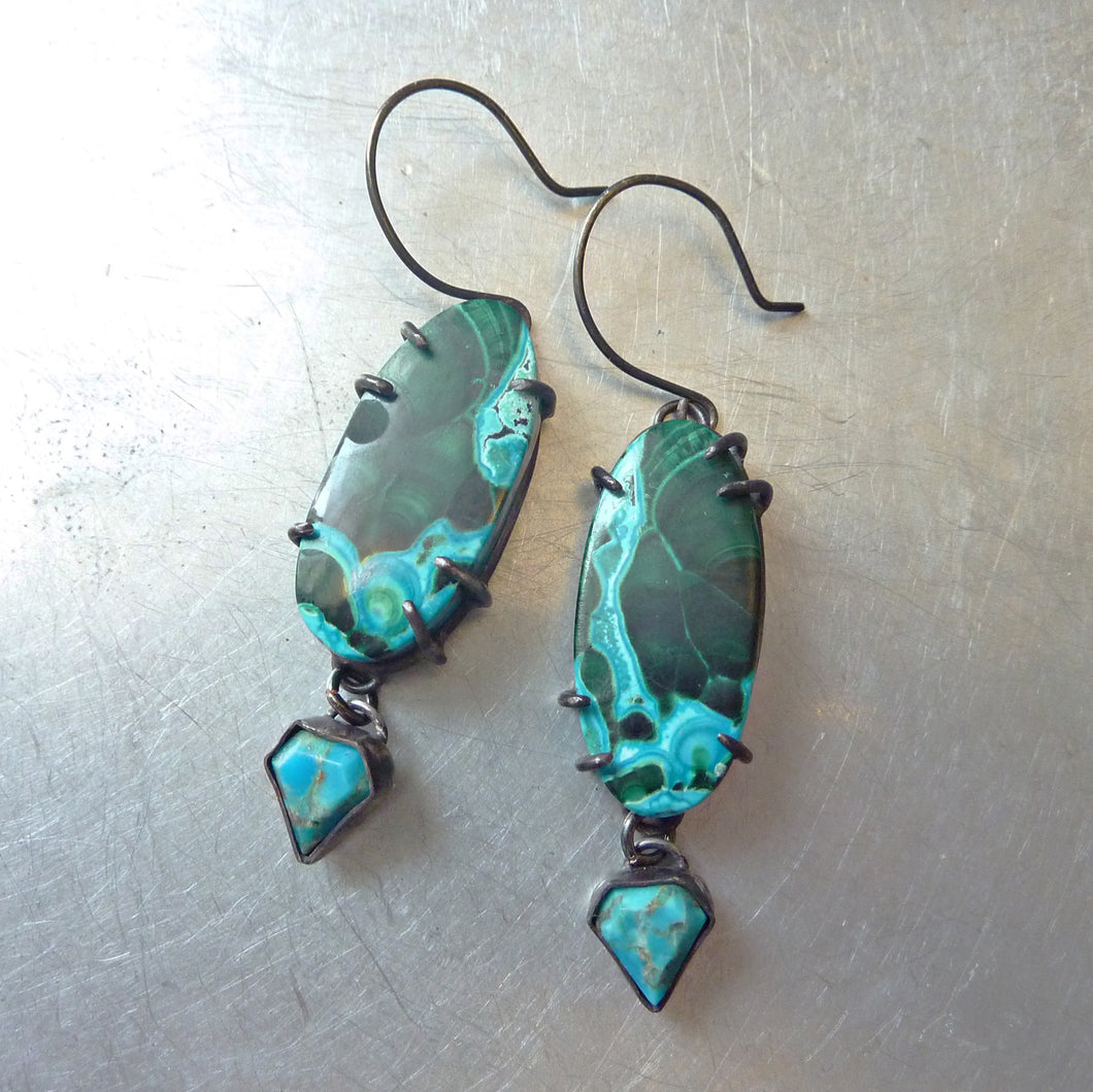Tidepool Earrings, Azurite Malachite Earrings With Arizona Turquoise Diamonds