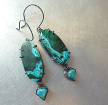 Load image into Gallery viewer, Tidepool Earrings, Azurite Malachite Earrings With Arizona Turquoise Diamonds
