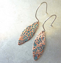 Load image into Gallery viewer, Midori Leaf Earrings, Copper Enamel Earrings, Champlevé Glass
