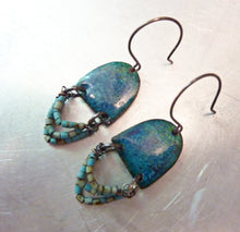 Load image into Gallery viewer, Blue Arches Enamel Earrings, Turquoise Heishi Beads
