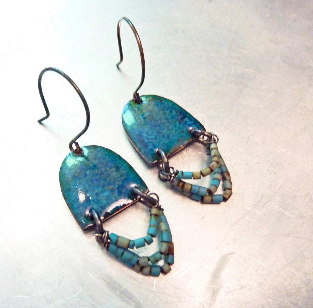 Blue Arches Enamel Earrings, Turquoise Heishi Beads