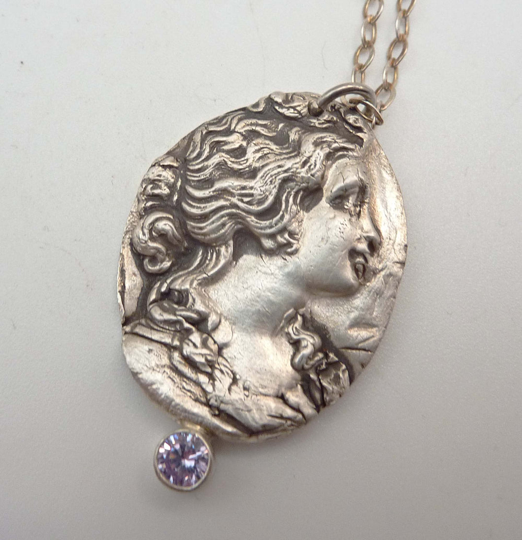 Cameo Pendant, Fine Silver with Tube-Set Tanzanite Hemstone