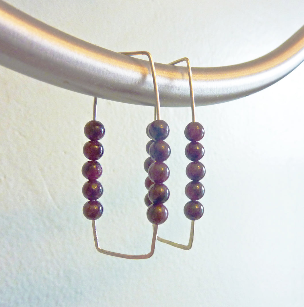 Abacus Hoop Earrings, Garnet Beads, Hammered Sterling Silver Wires