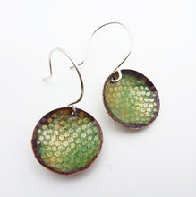 Load image into Gallery viewer, Snakeskin Enamel on Copper Earrings, Orange, Gold, Green
