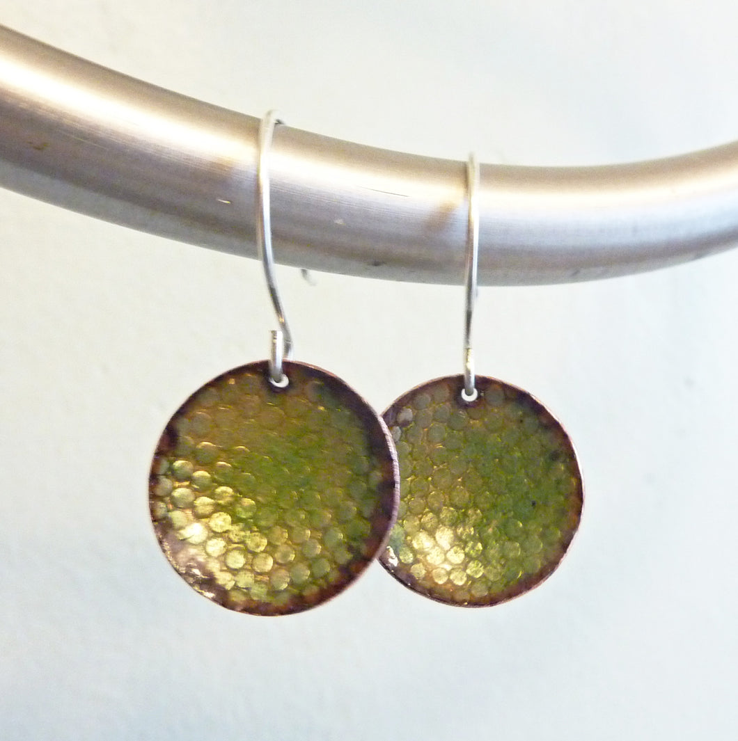 Snakeskin Enamel on Copper Earrings, Orange, Gold, Green