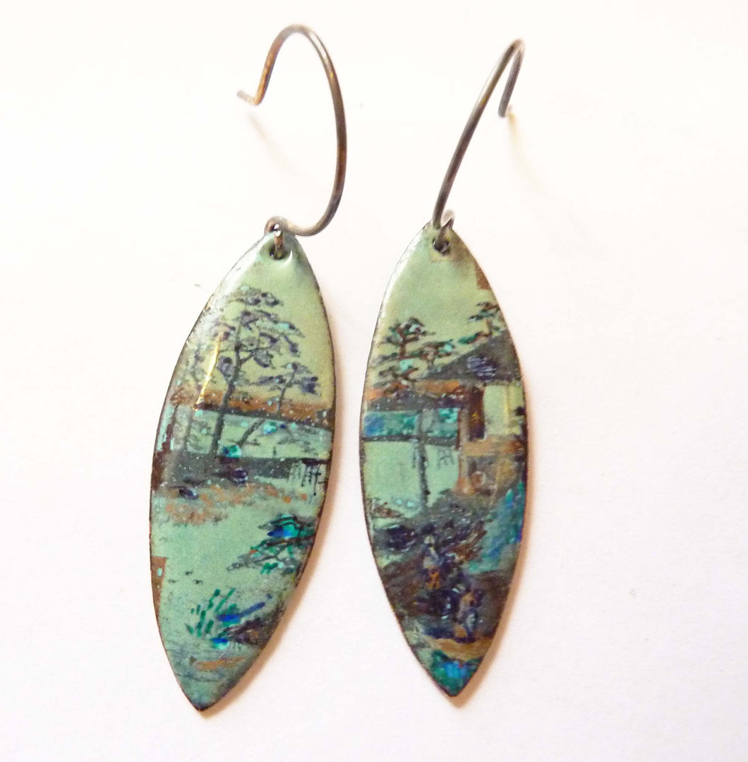 Japanese Landscape Earrings, Copper Glass Enamel