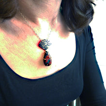Load image into Gallery viewer, Peanut Obsidian and Etched Silver Floral Poppy Pendant
