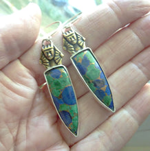 Load image into Gallery viewer, Pharaoh&#39;s Spear Earrings, Vintage Brass and Azurite-Malachite
