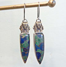 Load image into Gallery viewer, Pharaoh&#39;s Spear Earrings, Vintage Brass and Azurite-Malachite
