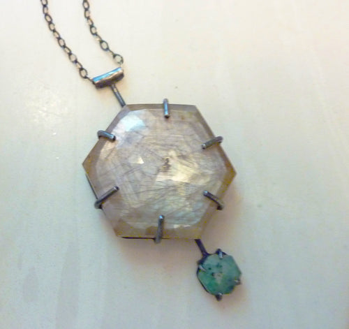 emerald and sapphire rosecut hexagon pendant