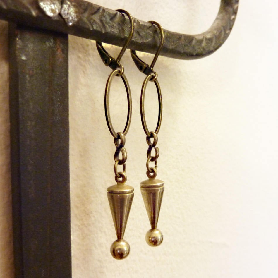 Ball and Cone Earrings, Vintage Solid Brass