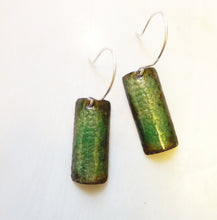 Load image into Gallery viewer, Green Snakeskin Column Earrings, Enamel on Copper
