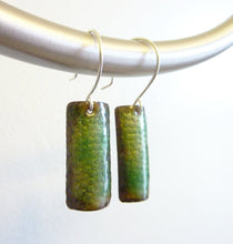 Load image into Gallery viewer, Green Snakeskin Column Earrings, Enamel on Copper
